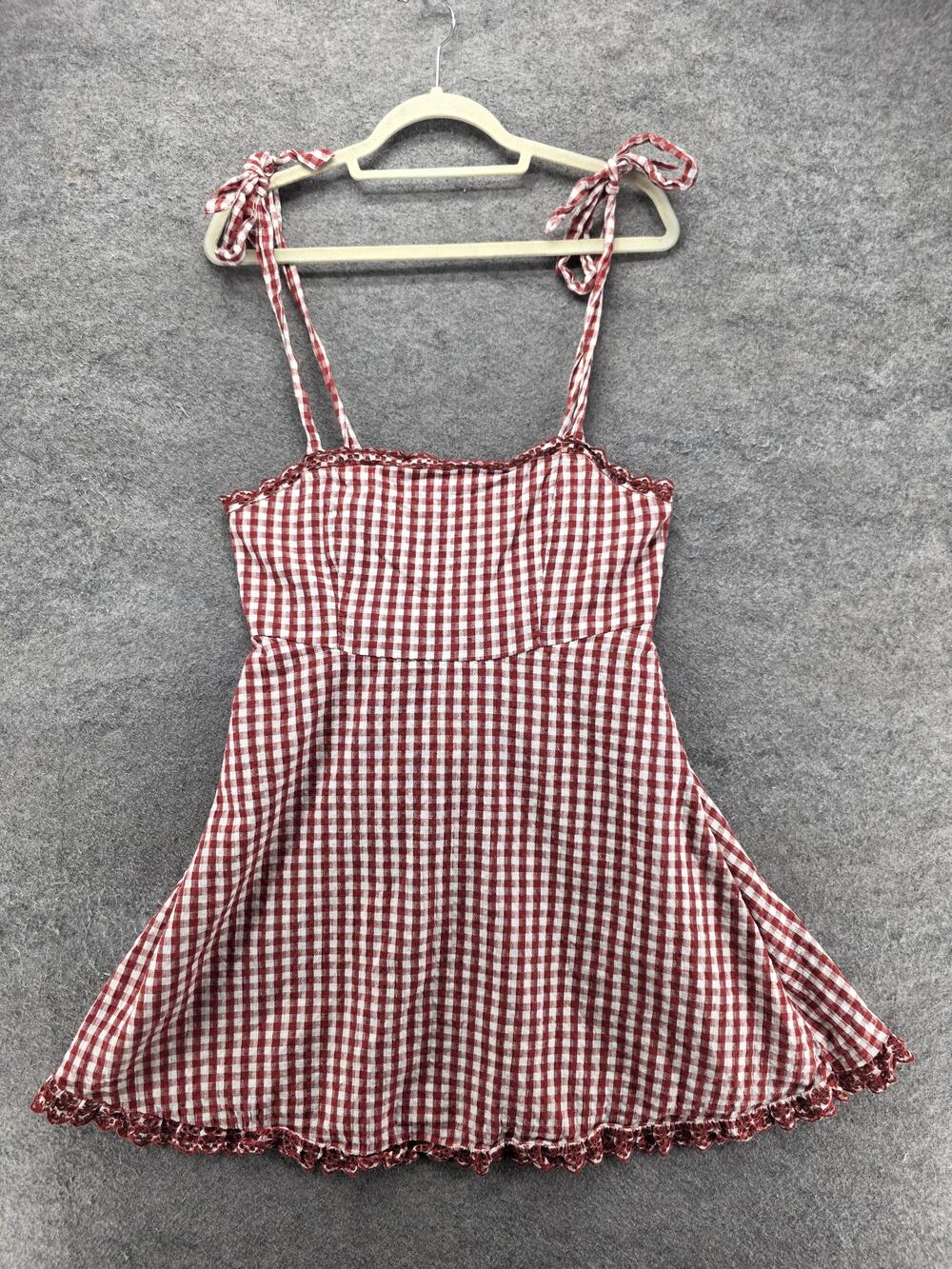 American Eagle Dress Womens M Red Gingham Sundress Smocked Ruffle Fit & Flare